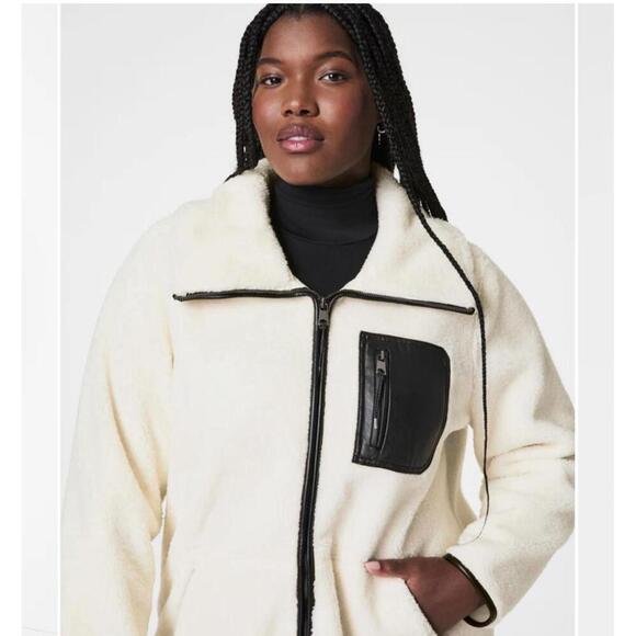 SPANX Jackets & Blazers - NWT Spanx Plush Full Zip Fleece Cream White W/ Faux Leather Black Accents Medium